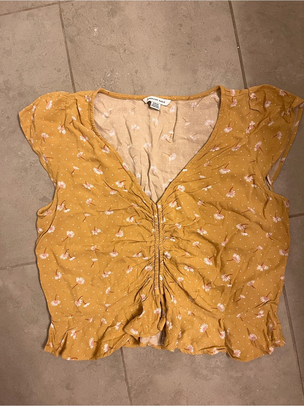 American Eagle Outfitters Mustard Floral Ruched V-Neck Top - Picture 3 of 4